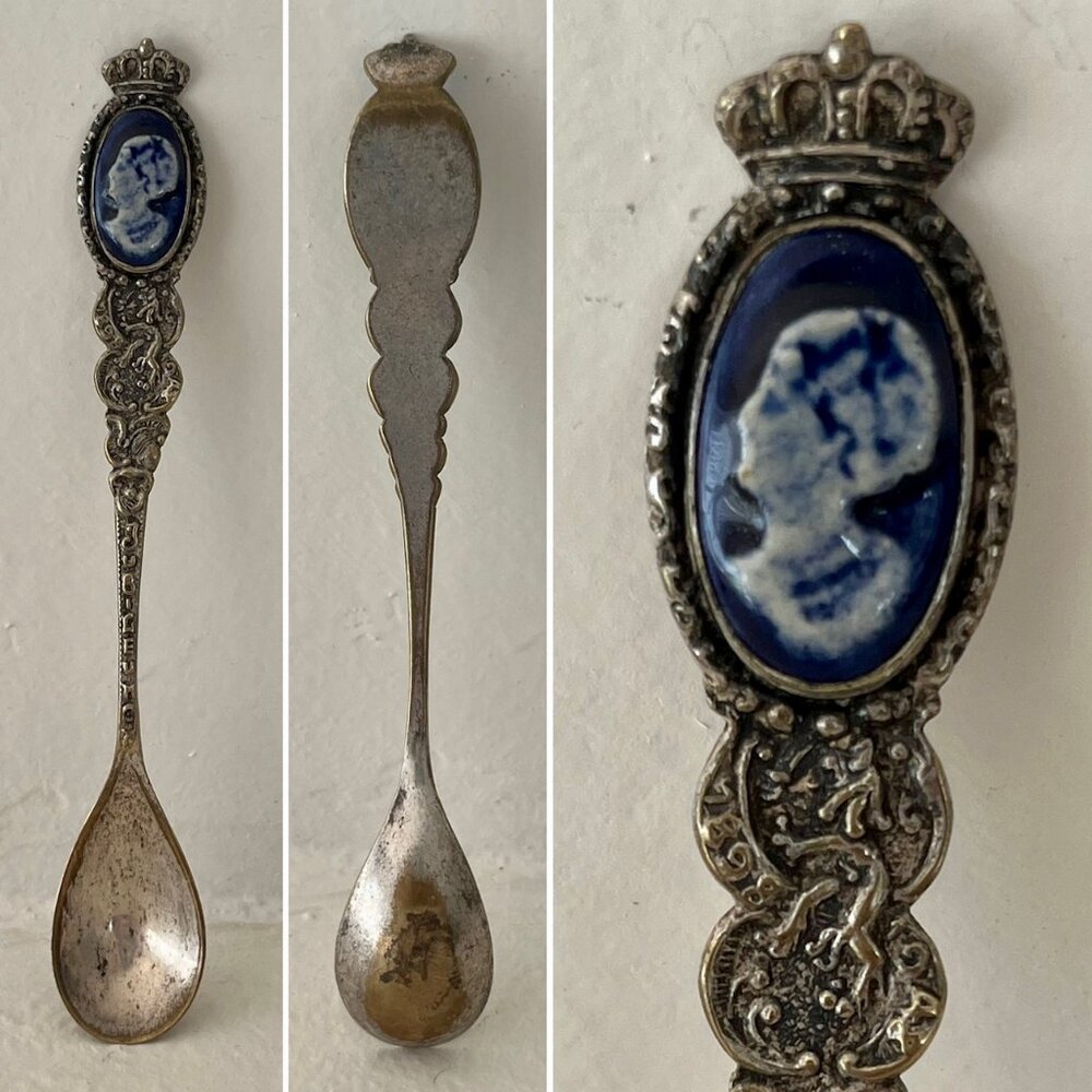 1898–1948 Blue Woman Cameo Golden Jubilee Silver Plate Vintage Souvenir Spoon